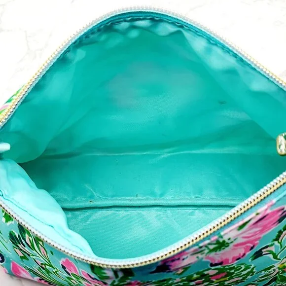 Lilly Pulitzer Cosmetic Bag Surf Blue Oh Diamond Girl Folia Green Pink Floral - Picture 5 of 8